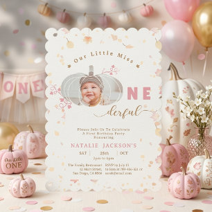 Pink Little Pumpkin Onederful Photo 1st Birthday Invitation