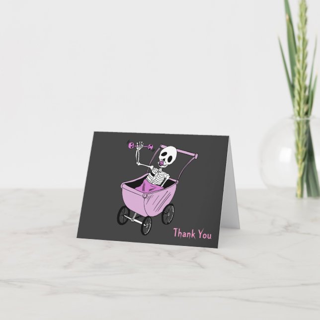 Pink Little Skeleton Baby Shower Thank You Notes (Front)
