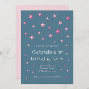 Pink Little Stars Dark Blue Baby Kids Birthday Invitation