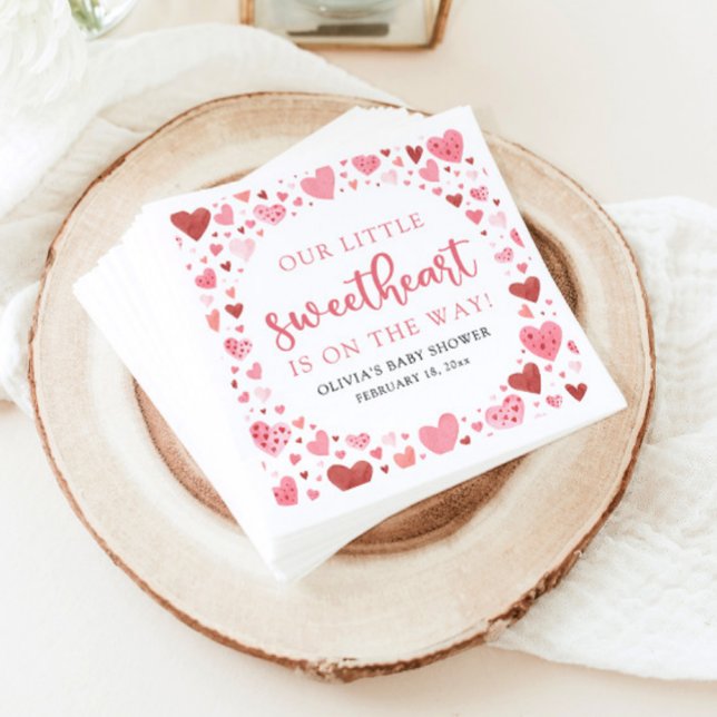 Pink Little Sweetheart Valentine's Day Baby Shower Napkin (Watercolor Cute Pink and Red Hearts A Little Sweetheart Valentine's Day Baby Shower Napkins)