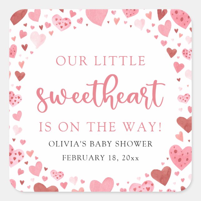 Pink Little Sweetheart Valentine's Day Baby Shower Square Sticker (Front)
