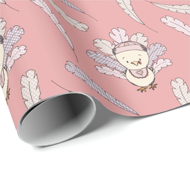 Pink Little Turkey Thanksgiving Baby Girl Wrapping Paper (Roll Corner)