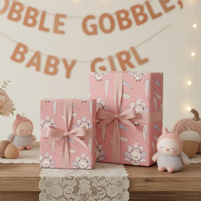 Pink Little Turkey Thanksgiving Baby Girl Wrapping Paper (Cute Fall Pink Little Turkey and Gingham Feathers Pattern Thanksgiving Wrapping Paper for Baby Girl.)