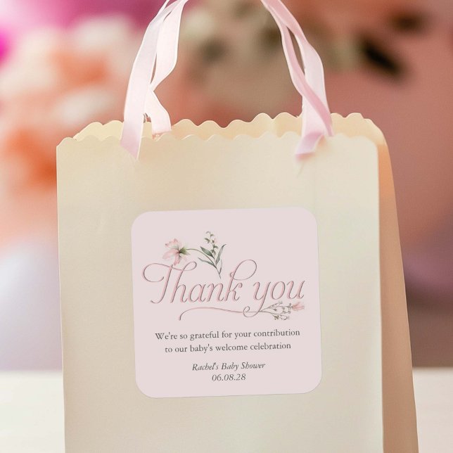 Pink Little Wildflower Baby Girl Shower thank you Square Sticker (Elegant Pink Wildflower, Baby Girl shower favor thank you stickers.)