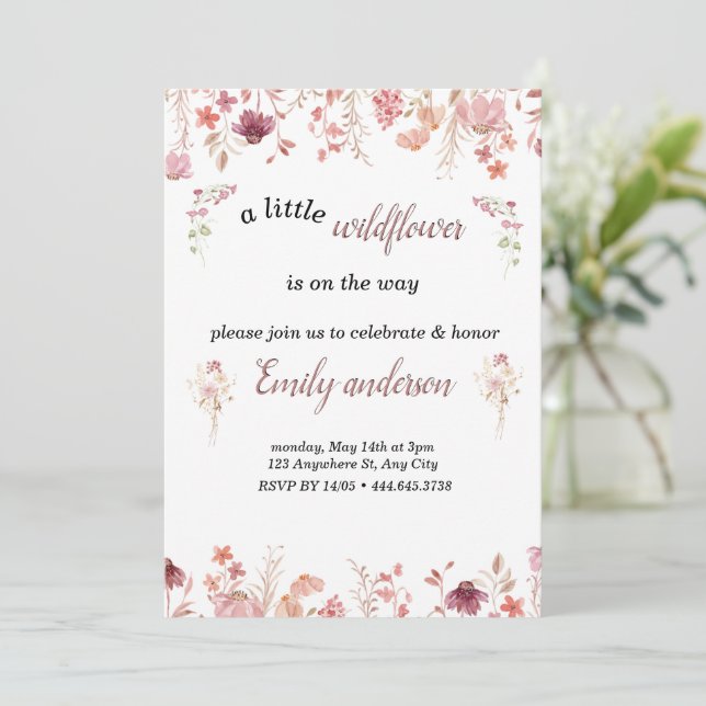 Pink Little Wildflower is On The Way Baby Shower Invitation (Standing Front)