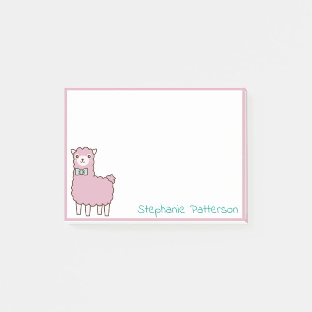 Pink Llama Alpaca With Teal Bowtie Custom Post-it Notes (Front)