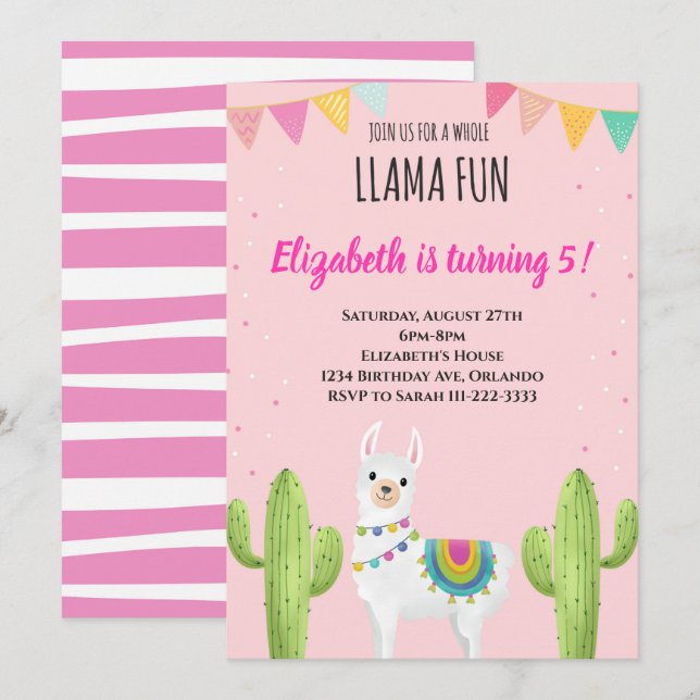 Pink Llama Birthday Invitation (Front/Back)
