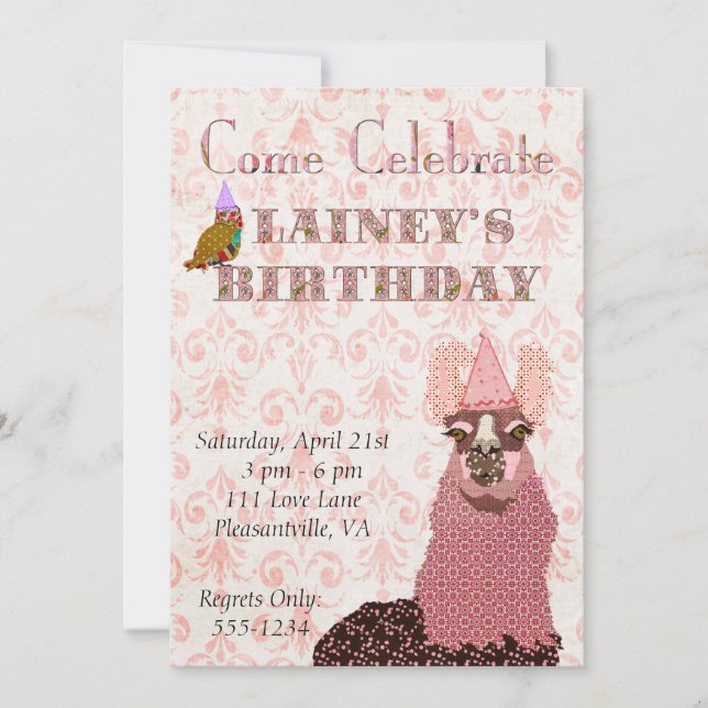 Pink Llama Birthday Invitation (Front)