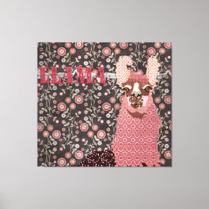 Pink Llama Brown Vintage Floral  Art Canvas Print