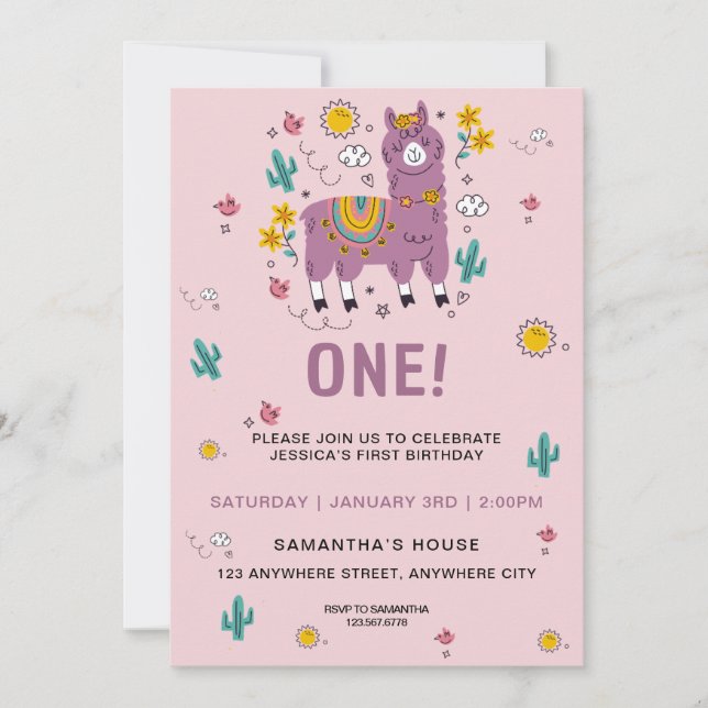 Pink llama Fun Girl First Birthday Party Invitation (Front)