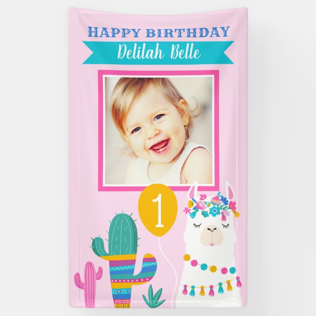 Pink Llama Happy Birthday Girl Photo Party Banner (Vertical)