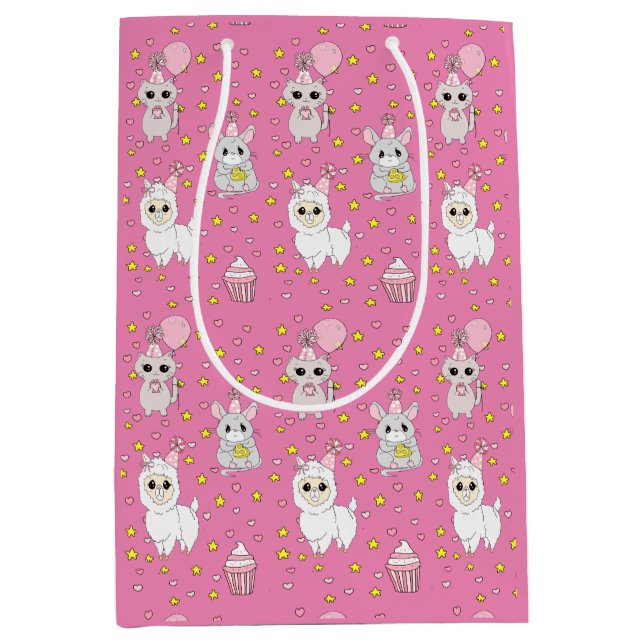 Pink Llama, Kitten and Mouse Girl's Birthday Medium Gift Bag (Front)