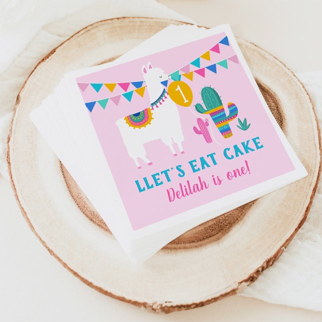 Pink Llama Llet's Eat Cake Birthday Girl Party Napkin (Creator Uploaded)