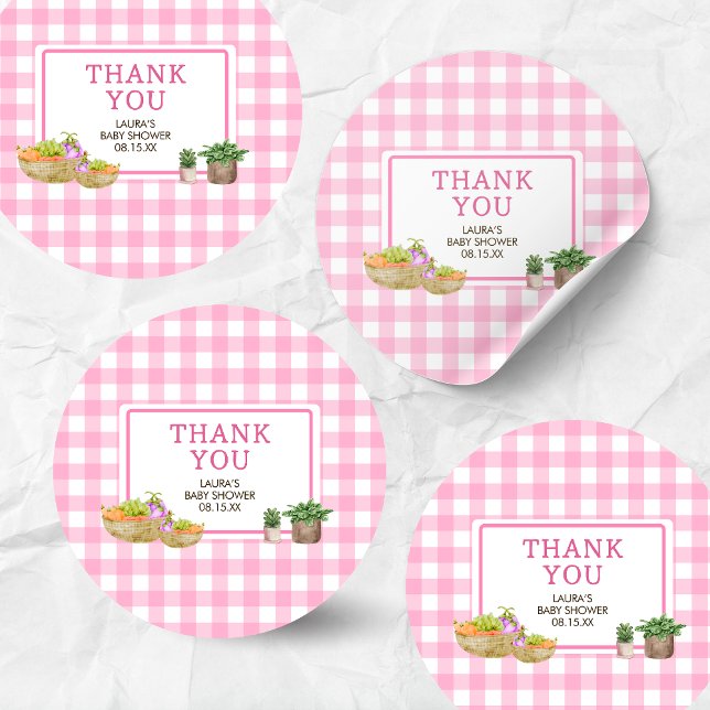 Pink Locally Grown Farmers Market Baby Shower Classic Round Sticker (Pink Farmers Market Locally Grown Baby Shower Round Sticker)