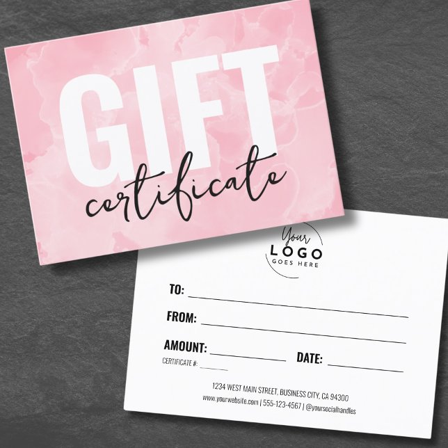 Pink Logo Business Gift Certificate (Pink Watercolor Logo Business Gift Certificate)