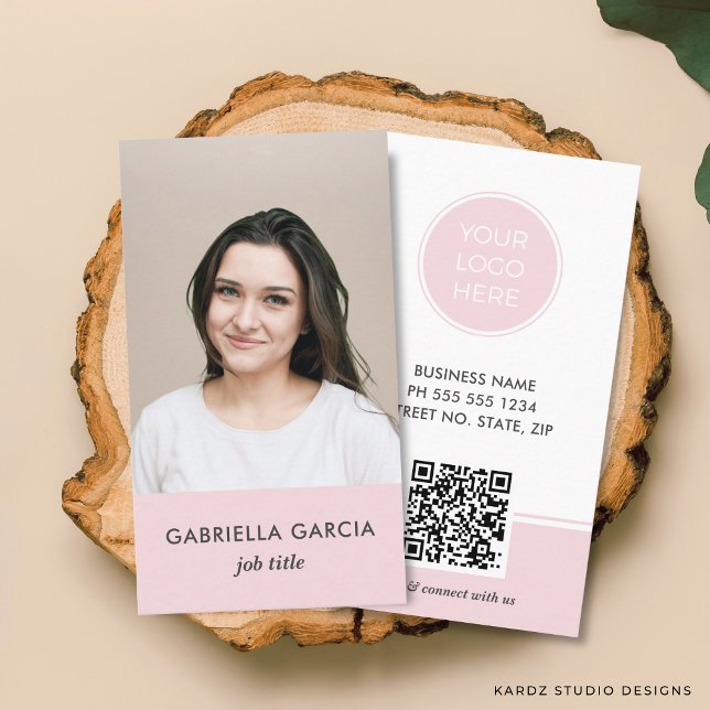 Pink Logo QR Code Photo Professional Business Card (Front and back of the business card are shown in standard size. Choose size, corner + paper style.)