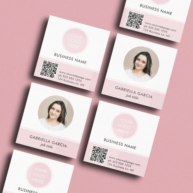 Pink Logo QR Code Photo Square Business Card ( Front and back of a square 2.5 inch. pink business card. Choose a corner and paper style.)