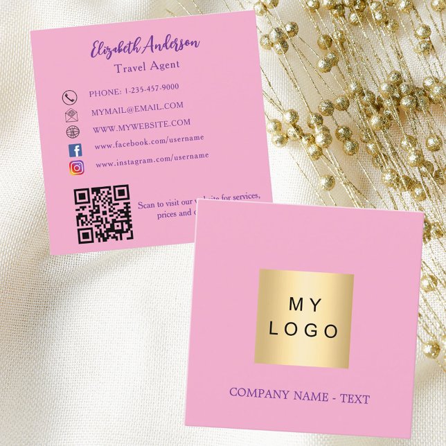 Pink logo QR code social media Square Business Card (Creator Uploaded)