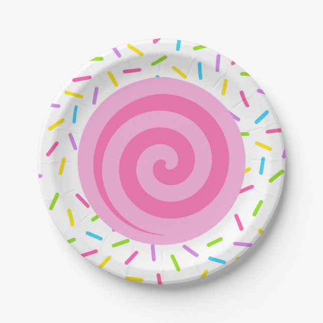 Pink Lollipop Swirl Candy Sprinkle Party Plates (Front)