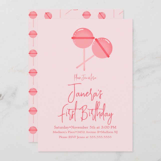Pink Lollipops Candy Bar First Birthday Invitation (Front/Back)