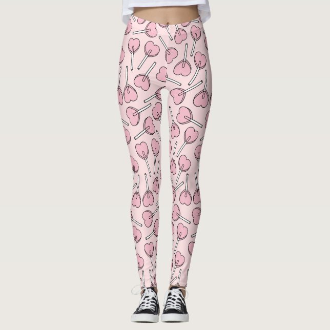 Pink Lollipops, Heart Lollipops, Lollipop Pattern Leggings (Front)