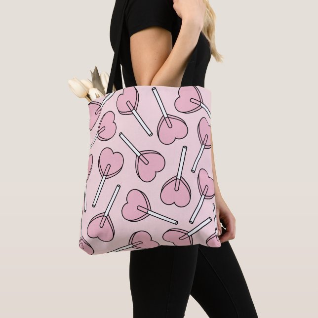 Pink Lollipops, Heart Lollipops, Lollipop Pattern Tote Bag (Close Up)