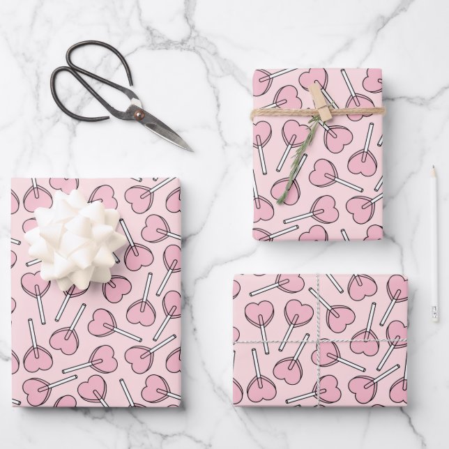 Pink Lollipops, Heart Lollipops, Lollipop Pattern Wrapping Paper Sheet (Front)