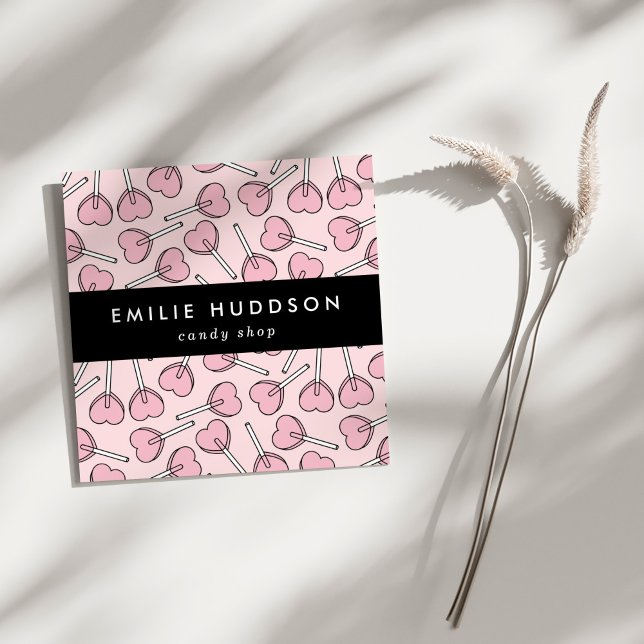 Pink Lollipops, Heart Lollipops, Lolly, Candy Shop Square Business Card (Creator Uploaded)