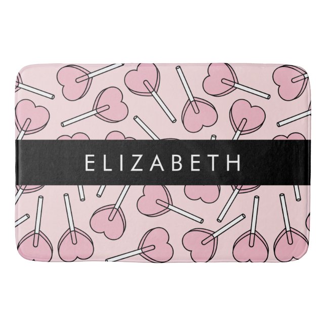 Pink Lollipops, Heart Lollipops, Lolly, Your Name Bath Mat (Front)