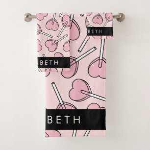 Pink Lollipops, Heart Lollipops, Lolly, Your Name Bath Towel Set