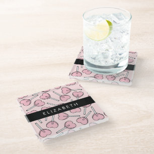 Pink Lollipops, Heart Lollipops, Lolly, Your Name Glass Coaster