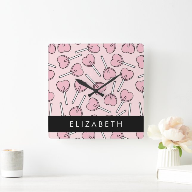 Pink Lollipops, Heart Lollipops, Lolly, Your Name Square Wall Clock (Home)