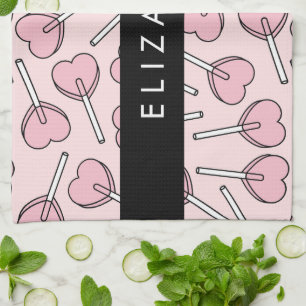 Pink Lollipops, Heart Lollipops, Lolly, Your Name Tea Towel