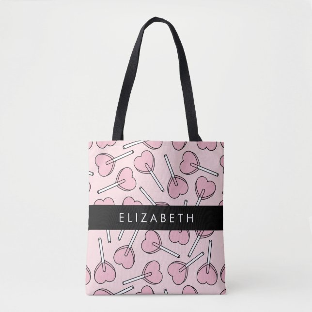 Pink Lollipops, Heart Lollipops, Lolly, Your Name Tote Bag (Front)
