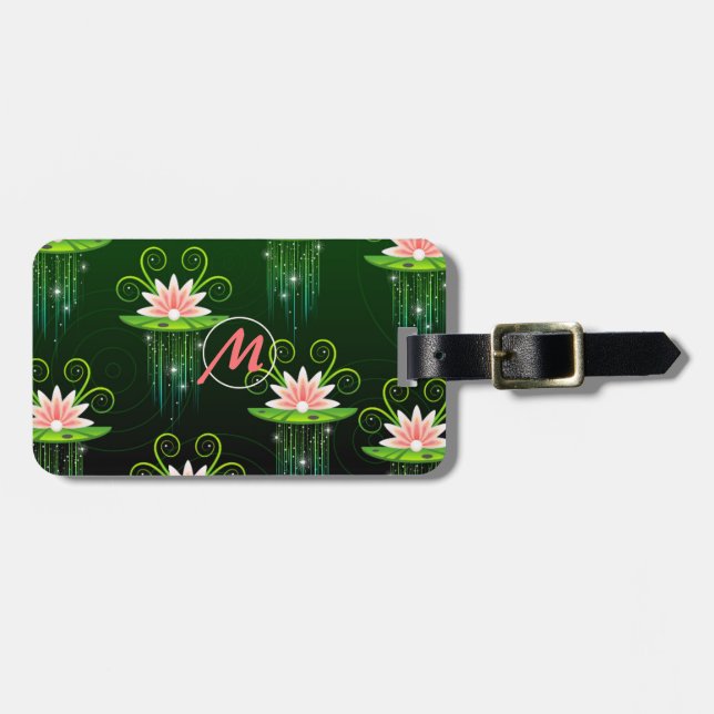 Pink Lotus Flower Green BG Personalise Luggage Tag (Front Horizontal)