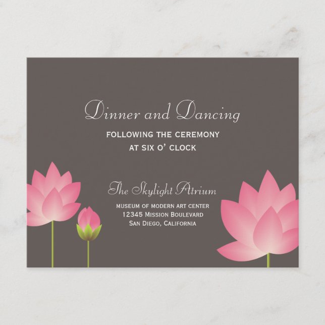 Pink lotus flower grey wedding reception enclosure card (Front)