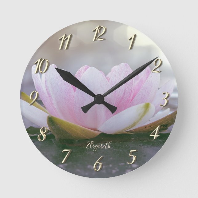 Pink Lotus Flower Landscape, Zen  Round Clock (Front)