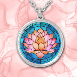Pink Lotus Flower Mosaic Stained Glass Silver Plated Necklace<br><div class="desc">On this necklace is an image of a pink and gold lotus flower with a blue mosaic stained glass style background. Bright and colourful! Be sure to see the matching earrings and key chain in our store.</div>