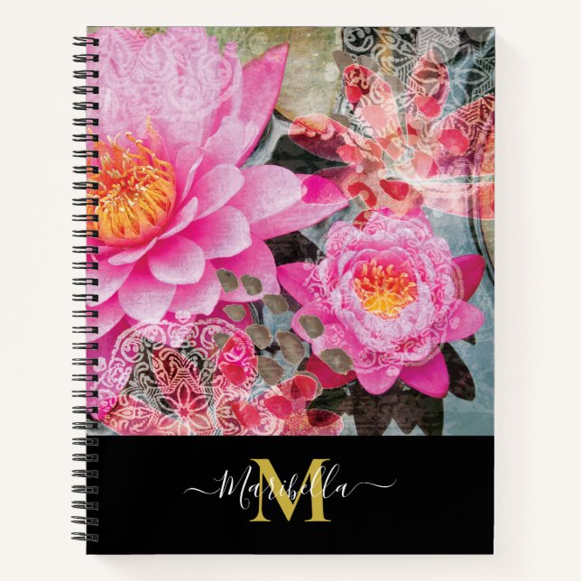 Pink Lotus Flower Personalise Monogram Bohemian Notebook (Front)
