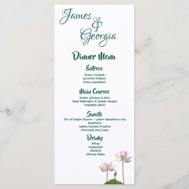 Pink Lotus Flower Personalised Wedding Menu (Front)