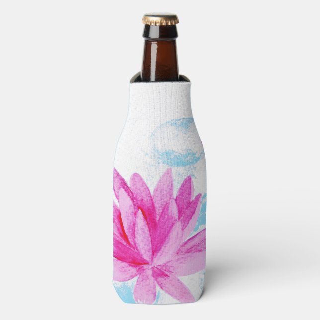 Pink Lotus Flower Watercolor Painting Bottle Cooler (Bottle Front)