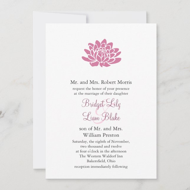 Pink Lotus Flower Wedding invitation (white) (Front)