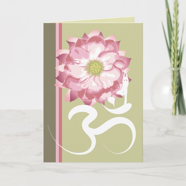 Pink Lotus Flower Yoga & Zen Calligraphy Om Aum Card (Front)