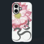 Pink Lotus Flower Yoga & Zen Calligraphy Om Aum iPhone 16 Case<br><div class="desc">Pink Lotus Flower Tree Yoga Pose Indian Spiritual Om Symbol Design. This modern and spiritual design features an original illustration of a beautiful pink lotus flower with the hindu spiritual ancient symbol of Om or Aum written in brushed hand drawn calligraphy and a silhouette of a person in a yoga...</div>