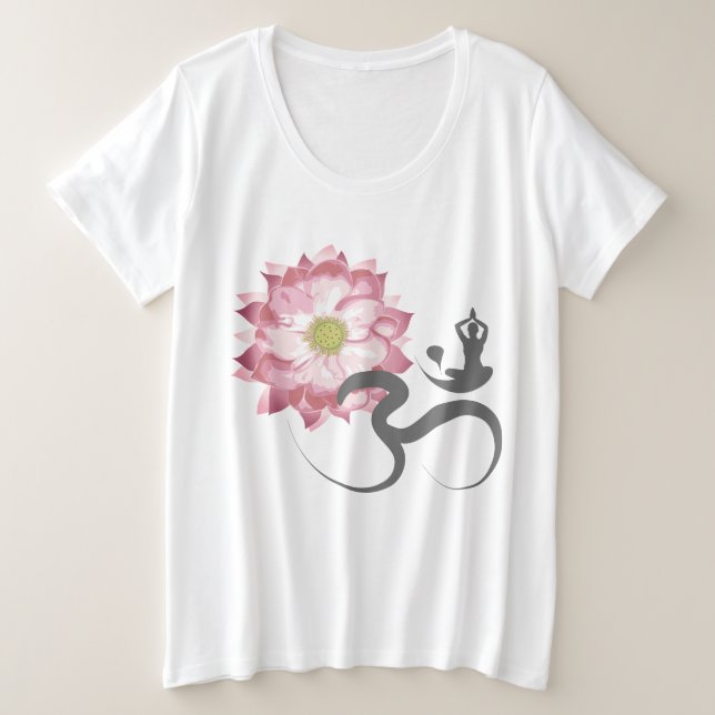 Pink Lotus Flower Yoga & Zen Calligraphy Om Aum Plus Size T-Shirt (Design Front)