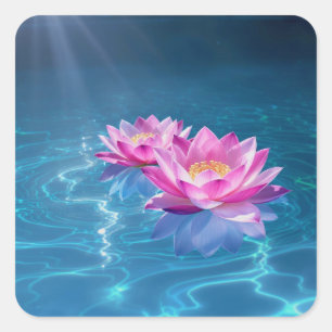Pink Lotus Flowers Floating on Crystal Blue Water Square Sticker