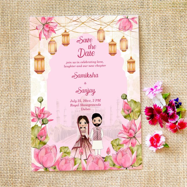 Pink Lotus flowers garlands lantern Indian wedding Invitation (Creator Uploaded)
