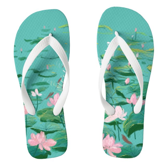 Pink Lotus Flowers Green Leaves Floral Garden Flip Jandals (Footbed)
