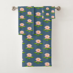 Pink Lotus Flowers & Lily Pads on Blue Bath Towel Set