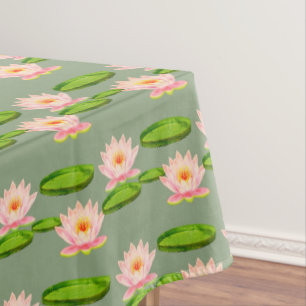 Pink Lotus Flowers & Lily Pads on Laurel Green Tablecloth